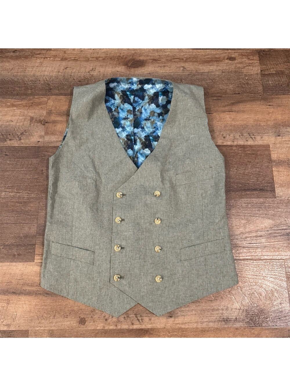 Indochino Suit Vest Mens M? Beige Gray Double-Breasted Floral Lining Wedding